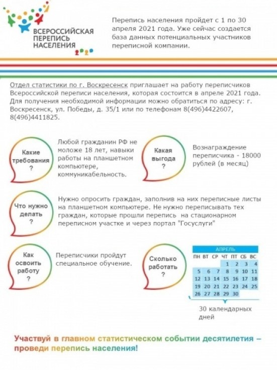 Отдел статистики приглашает на работу переписчиков Всероссийской переписи, которая состоится в апреле 2021 г.